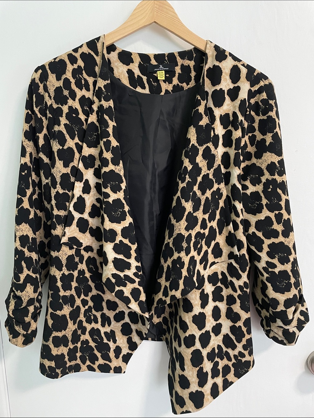 Jules & Leopold Leopard Print Draped Open Jacket - Black & Tan